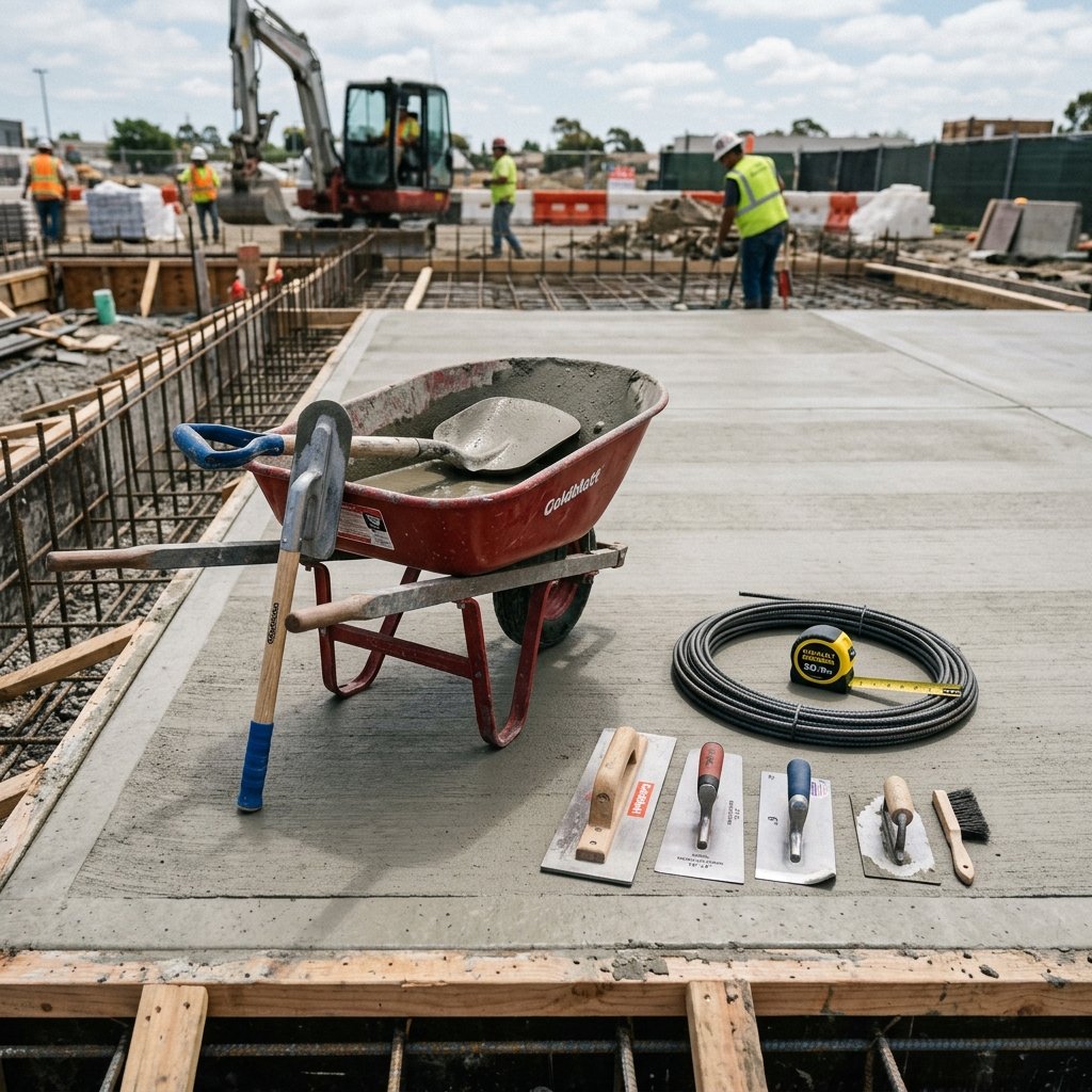 Concrete finishing tools on worksite