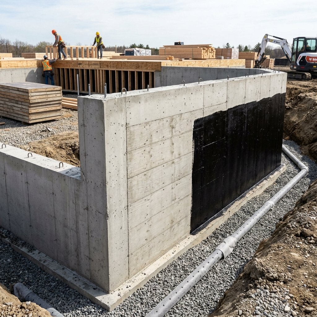 Poured concrete foundation wall with protective waterproofing
